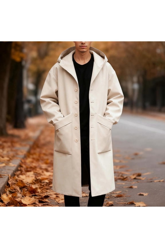 Men's Single Trench Coat Mid-Long Fall Winter Jackets (Khaki XL)