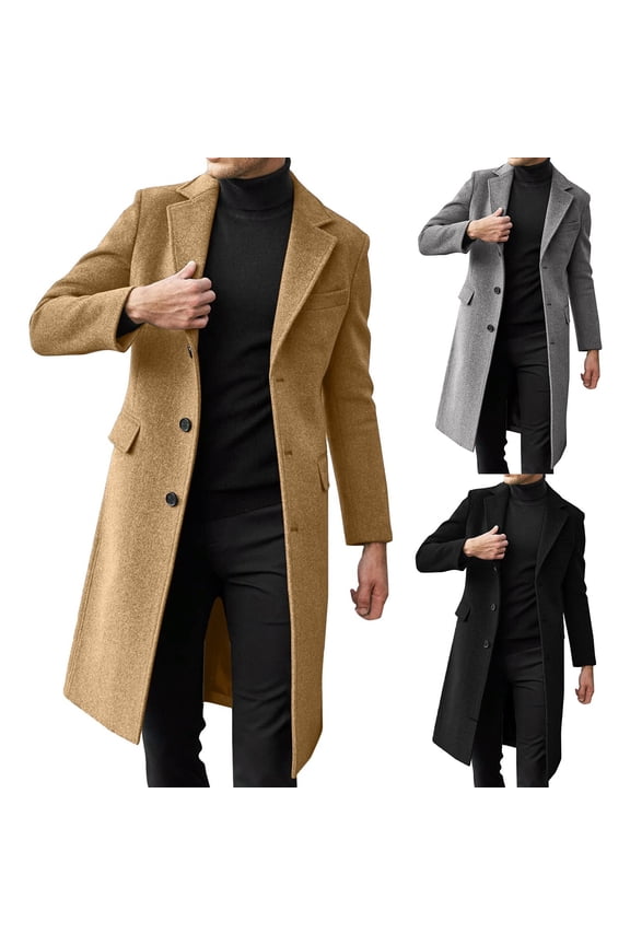 Men's Single Breasted Trench Coat with Wool Blend - Oversized Warm Lapel Work Business Jacket for Winter Fashion, Formal Events, and Christmas Parties,Black,2XL