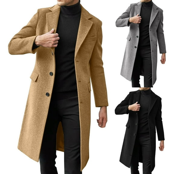 Men's Single Breasted Trench Coat with Wool Blend - Oversized Warm Lapel Work Business Jacket for Winter Fashion, Formal Events, and Christmas Parties,Black,XL