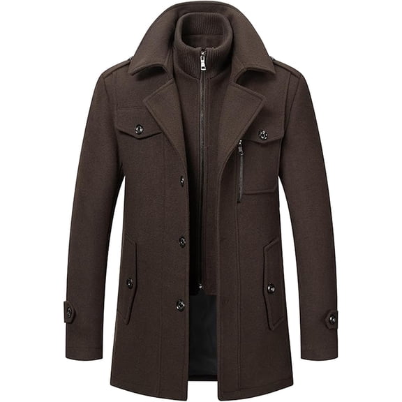 Men's Single-Breasted Winter Coat - Detachable Notch Lapel Windbreaker for Business & Casual