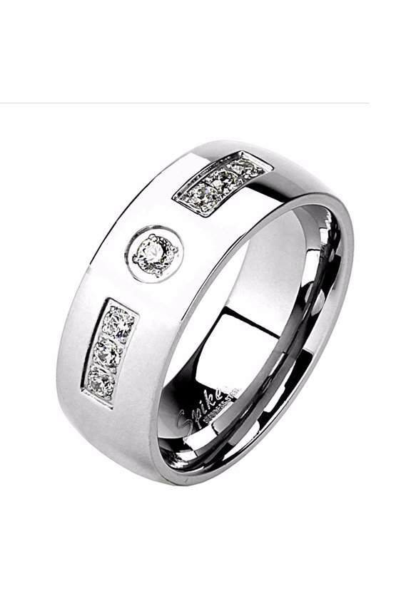 Men's Six CZs Inlay with Center CZ Stainless Steel Dome Wedding Band - Size 7