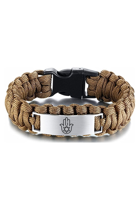 Men's Six-Pointed Jewish Magen Star of David with Judaica Hamsa Hand Protection Symbol Survival Paracord Cuff Bracelet Bangle for Man, 9 inches, Brown