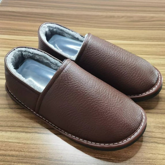 Men's Size 47/48 Leather Furry Slides Waterproof Home Slippers Warm Plush Indoor Slippers Unisex Plus Women Cotton Winter Shoes (WD-46 Brown Plush,6.5)