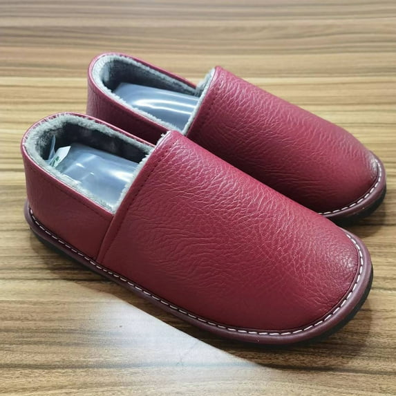 Men's Size 47/48 Leather Furry Slides Waterproof Home Slippers Warm Plush Indoor Slippers Unisex Plus Women Cotton Winter Shoes (WD-46 Wine Red Plush,4.5)