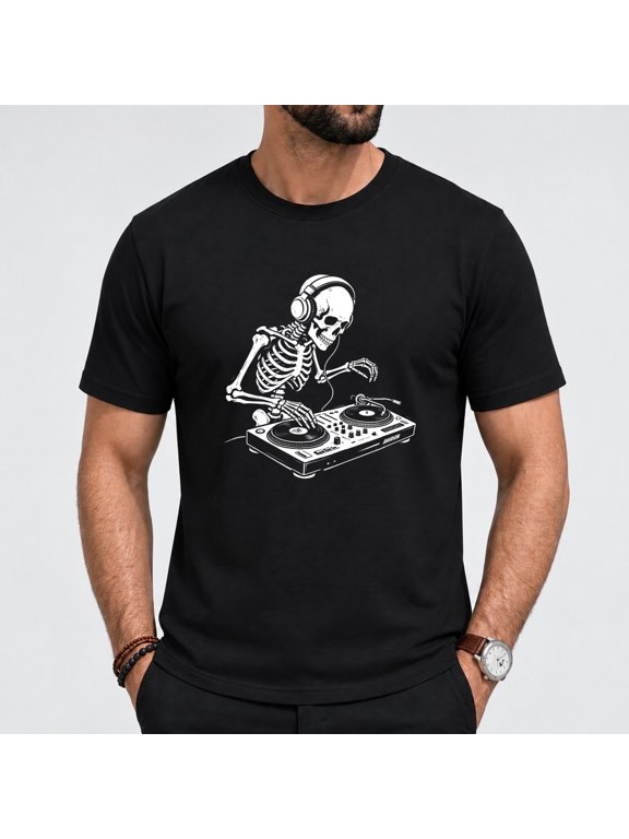 Men's Skeleton Dj Turntable T Shirt, Short Sleeved Casual Cotton Black Tees