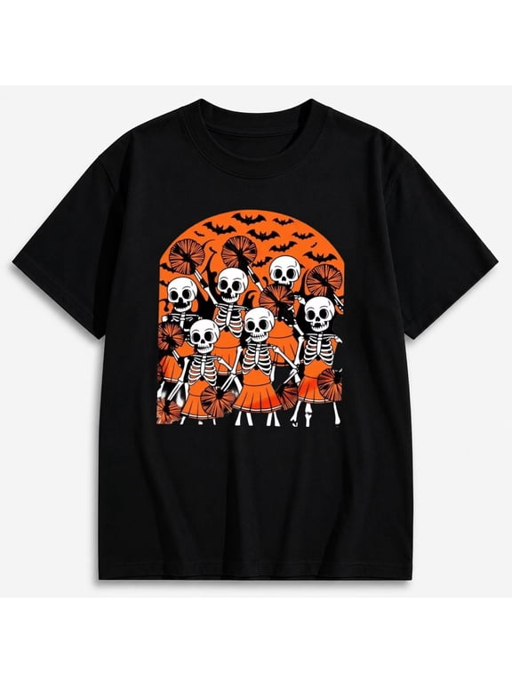 Men's Skeleton Group Under Orange Moon Skeleton Shirt, Halloween Graphic Short Sleeve T-Shirt