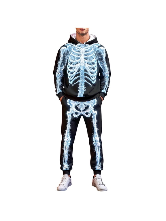 Men's Skeleton Hoodie and Sweatpants Set - Halloween Matching Loungewear with Bone Print, Comfortable Fall Outfit for Adults