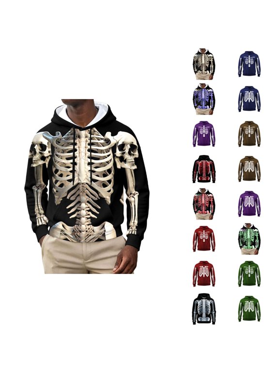 Men’s Skeleton Print Sweatshirt Jacket Hoodie Skull Hoodie Oversized Pullover Crewneck Long Sleeve Casual Hoodies Top