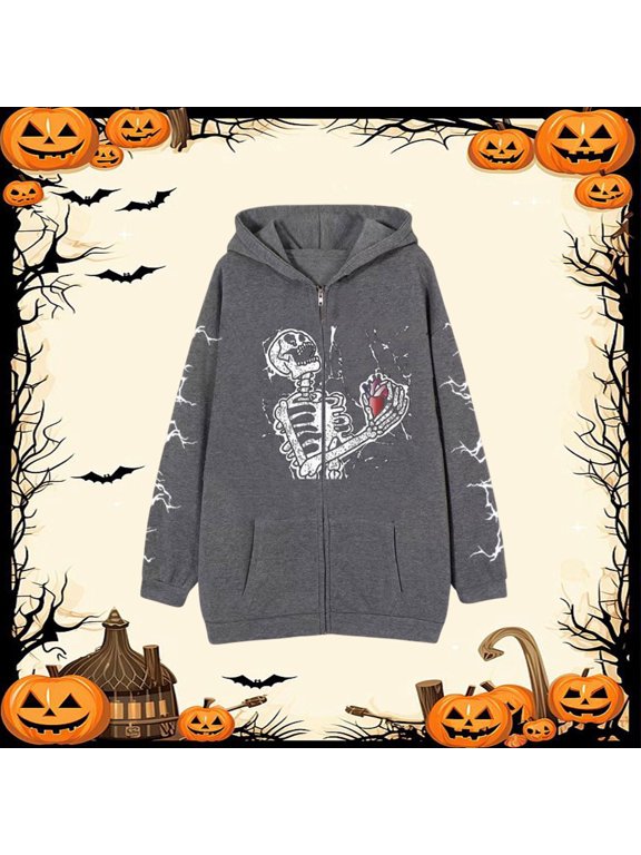 Men's Skeleton Print Zip Up Hooded Sweatshirt Gothic Graphic Streetwear Loose Casual Long Sleeve Jacket for Spring Autumn Daily Wear GY2 L