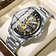 Mens Skeleton Quartz Watch 42mm Case Gold Stainless Steel Band Luminous 30M Waterproof Business Sport Wristwatch