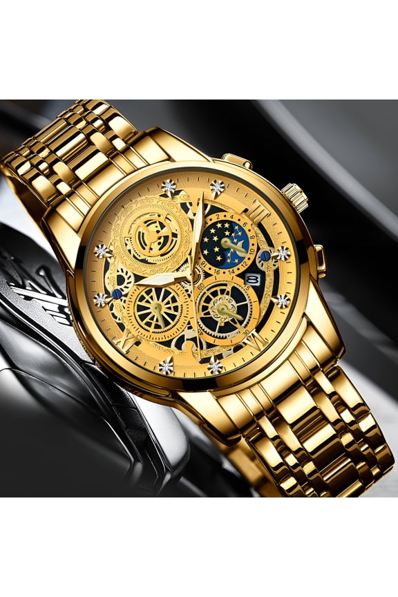 Men's Skeleton Quartz Watch, Gold Stainless Steel Band with Moon Phase, Diamond Accent, Waterproof Business Wristwatch