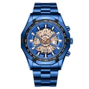 Mens Skeleton Quartz Watch, Stainless Steel Band, Tachymeter, Date Display, Waterproof, Luminous, Business Sport Wristwatch for Men