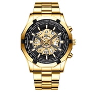 Mens Skeleton Quartz Watch, Stainless Steel Band, Tachymeter, Date Display, Waterproof, Luminous, Business Sport Wristwatch for Men