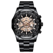 Mens Skeleton Quartz Watch, Stainless Steel Band, Tachymeter, Date Display, Waterproof, Luminous, Business Sport Wristwatch for Men