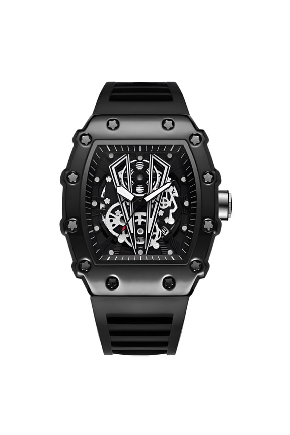 Men's Skeleton Tonneau Quartz Watch, Waterproof Silicone Strap, Black Alloy Case