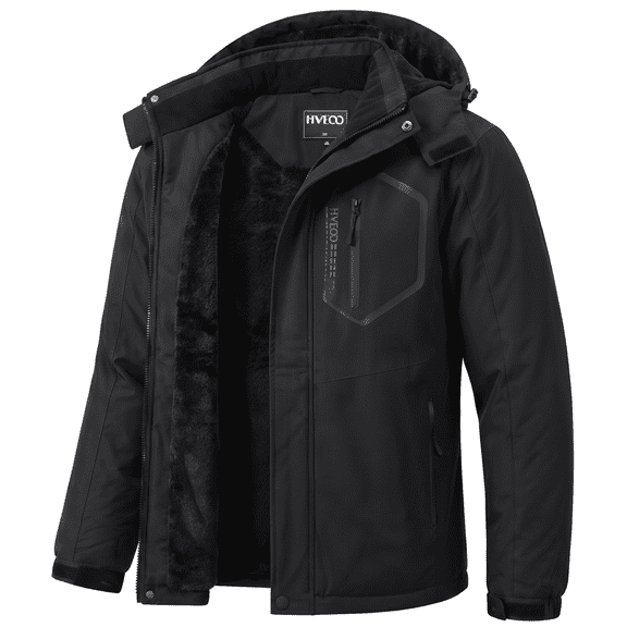 Men's Ski Jacket with Hooded Snowboarding Waterproof Fleece Lining Jacket Winter Coat Multi Pockets, Black