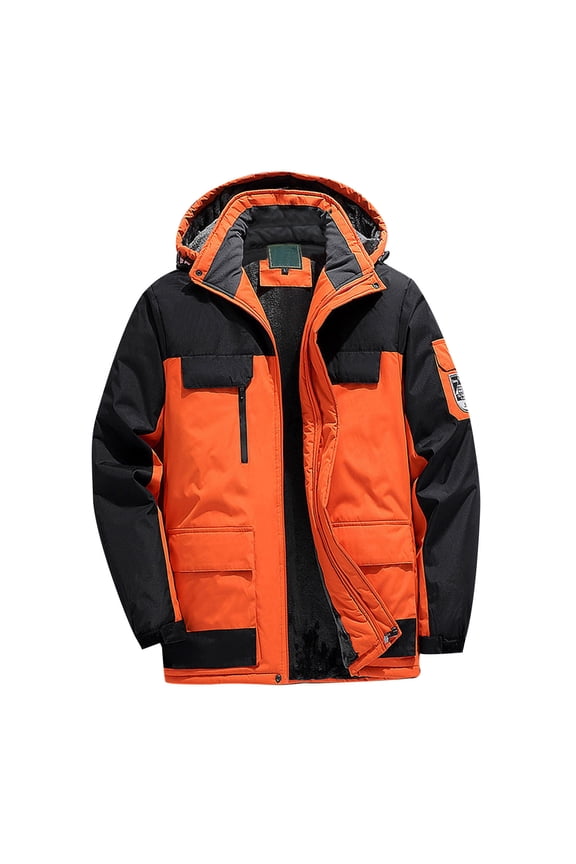 Men's Ski Snow Jacket Warm Winter Waterproof Coat Color Block Snowboard Rain Jacket Hooded Windproof Windbreaker Orange 9XL