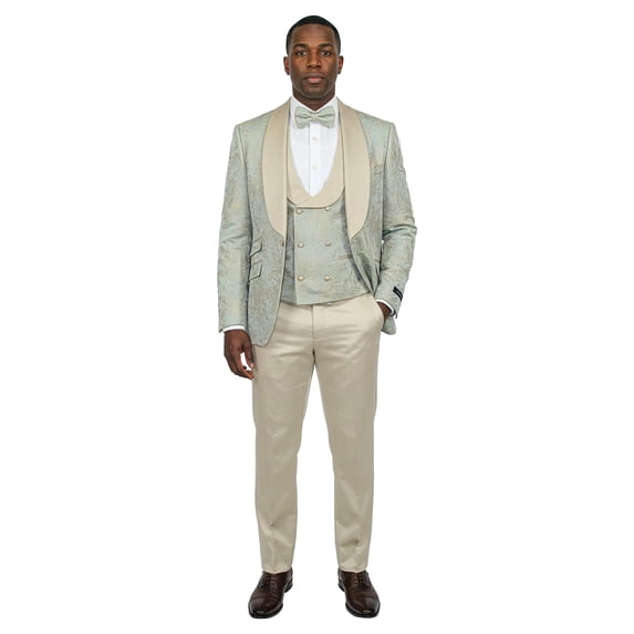 Men's Skinny Fit 3pc Floral Jacquard Tuxedo Suit Set, Satin Shawl Collar