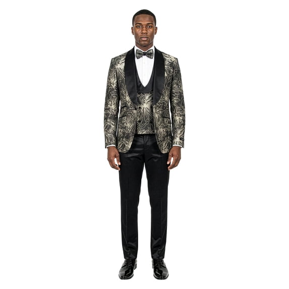 Men's Skinny Fit 3pc Floral Jacquard Tuxedo Suit Set, Satin Shawl Collar