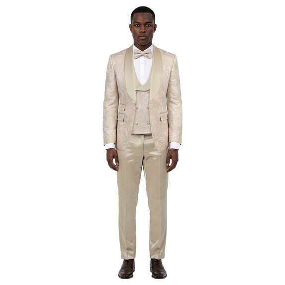 Men's Skinny Fit 3pc Floral Jacquard Tuxedo Suit Set, Satin Shawl Collar