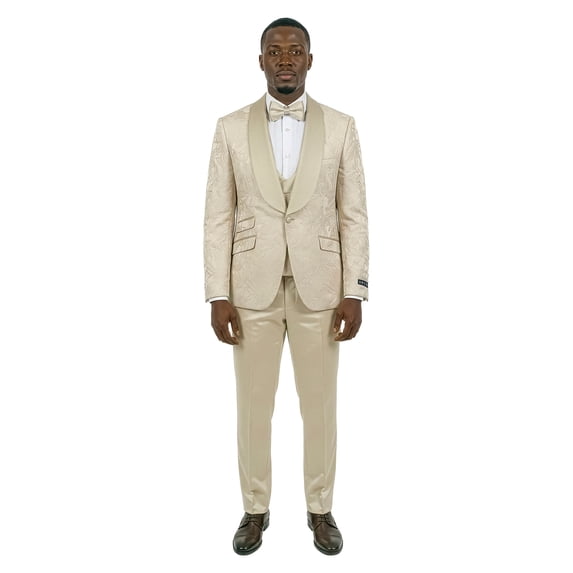 Men's Skinny Fit 3pc Floral Jacquard Tuxedo Suit Set, Satin Shawl Collar