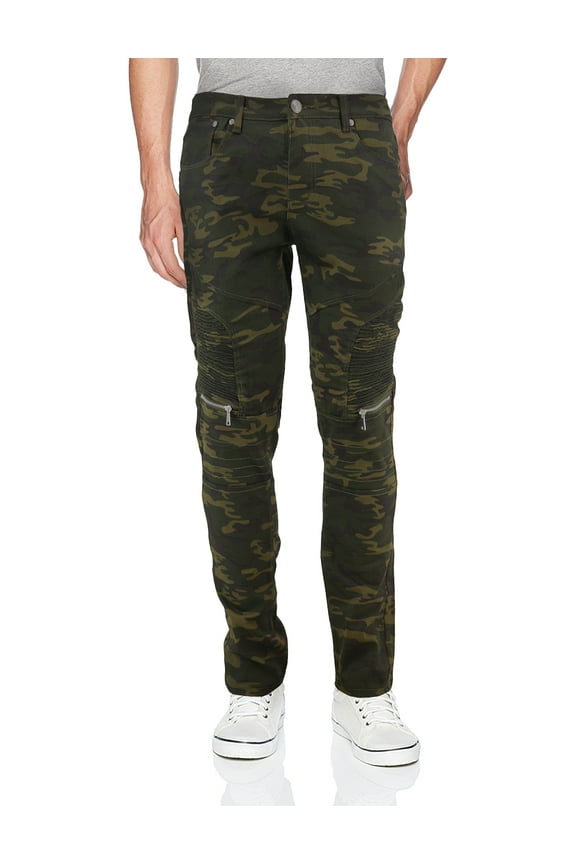 Men's Skinny Fit Distressed Quilted Stretch Fashion Moto Zipper Jeans (Olive Camo, 32x32)
