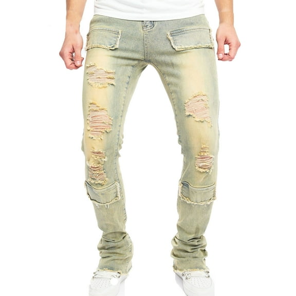 Men's Skinny Fit Stacked Jeans Stretch Denim Pants with Patched Side Stripes and Straight Leg Design for Comfortable Daily Wear