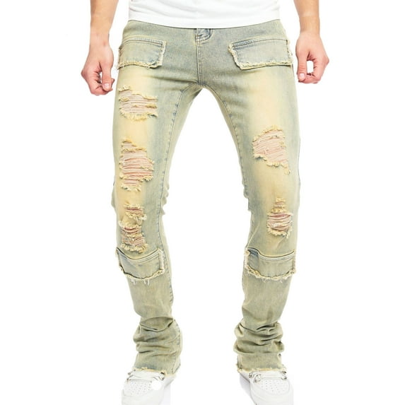 Men's Skinny Fit Stacked Jeans Stretch Denim Pants with Patched Side Stripes and Straight Leg Design for Comfortable Daily Wear