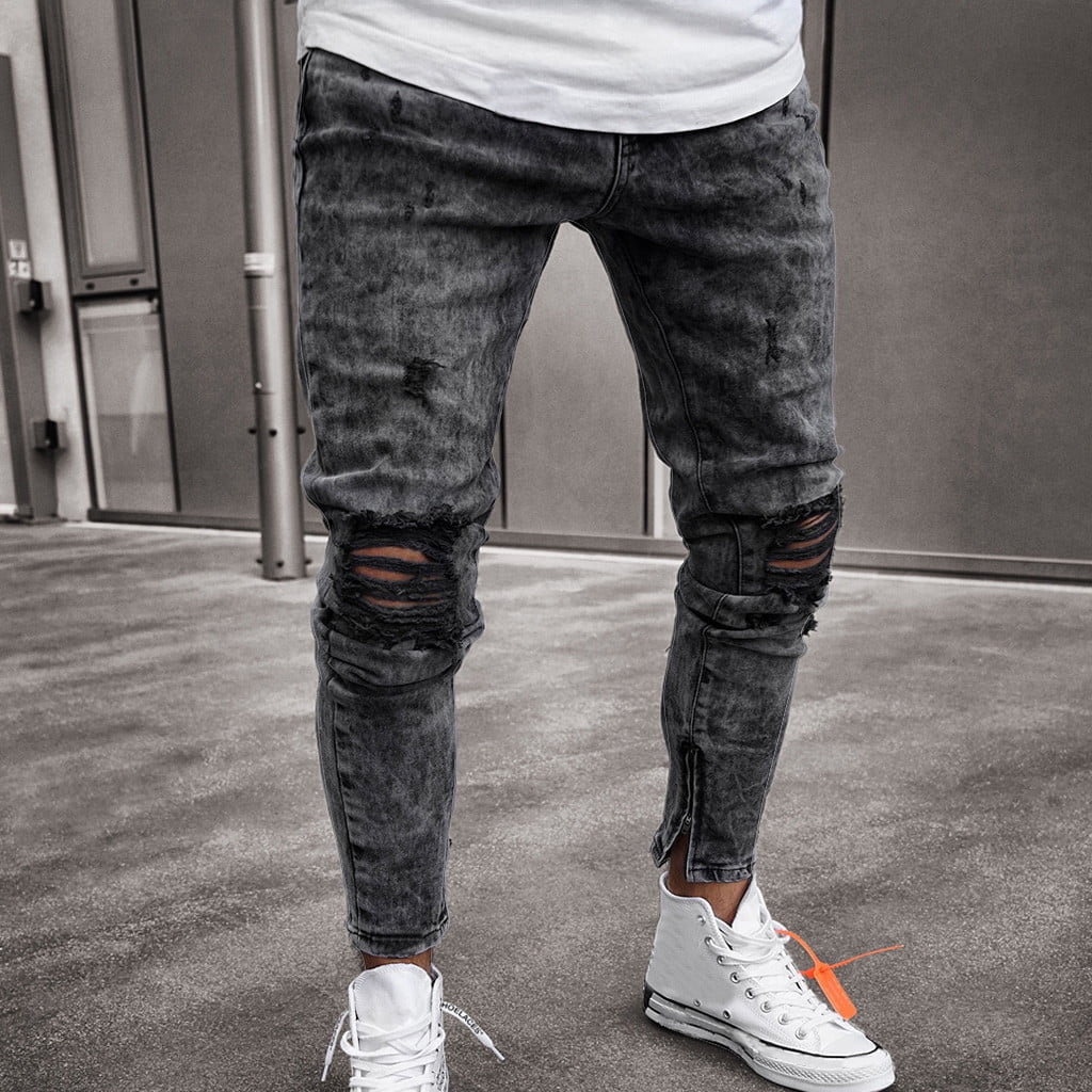Skinny Jeans Fashion Boys Slim Fit Ripped Destroyed Distressed Snow Wash Jeans Pants - Walmart.com