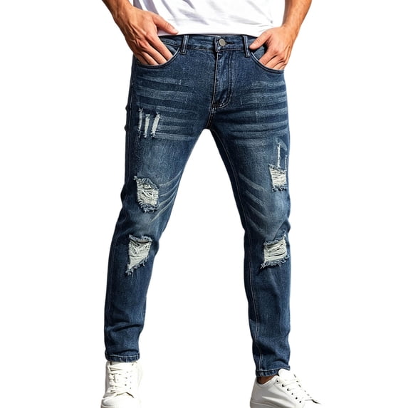 Men's Skinny Jeans Stretch Slim Fit Distressed Straight Leg Ripped Tapered Leg Denim Pants Sizes S-2XL Blue