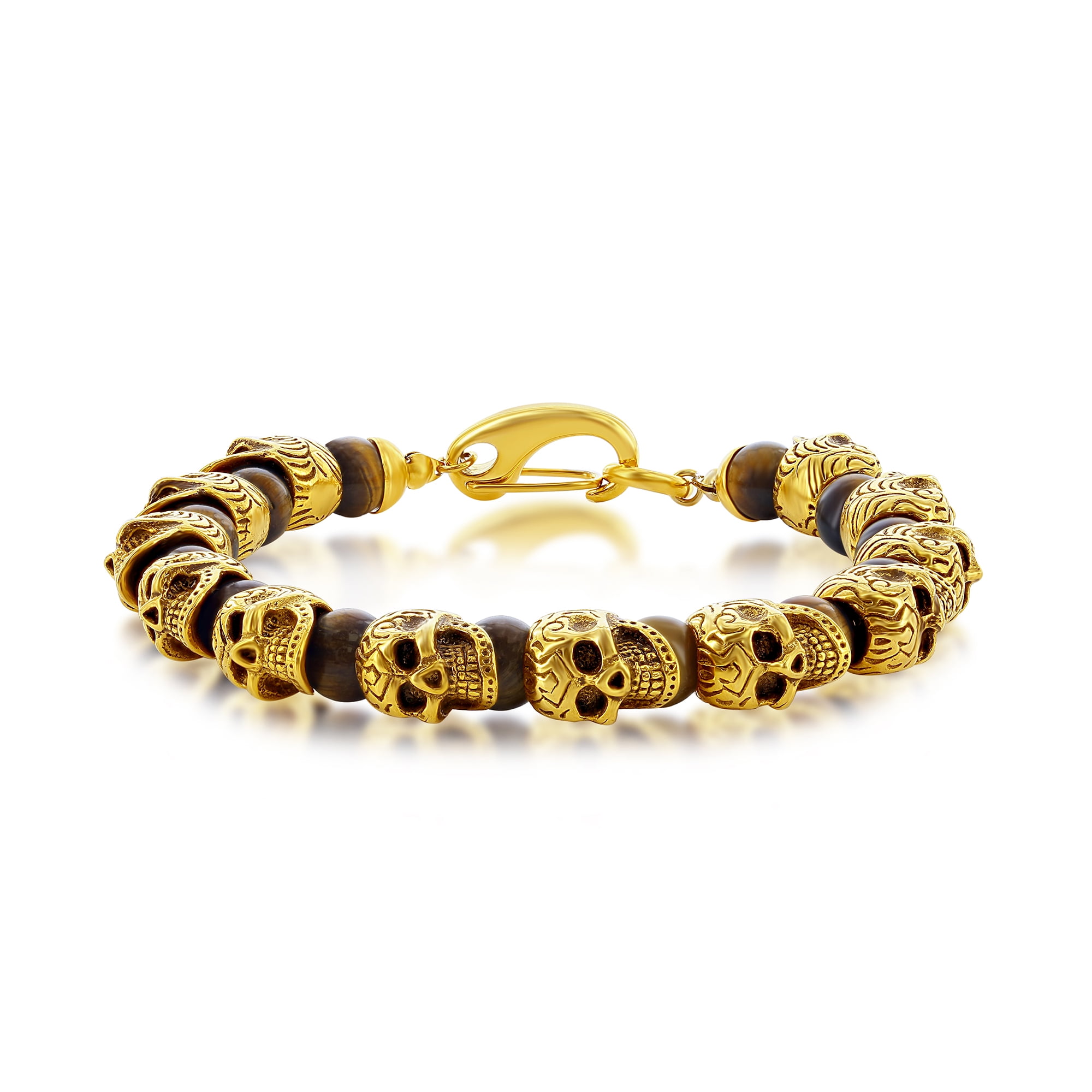 Men’s Skull Design with Genuine Onyx/Tiger Eye Stone Beads 8.5” Bracelet | Gold Plated Stainless-Steel Jewelry for Men