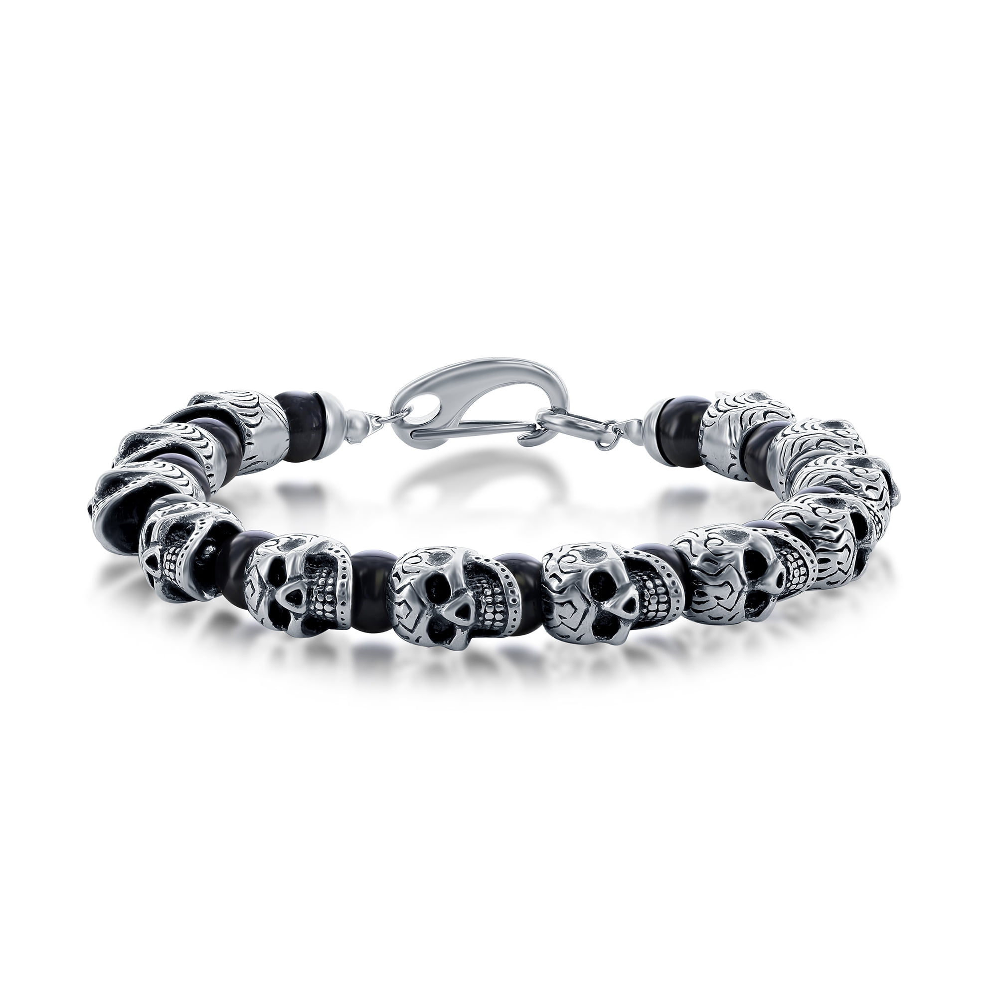 Men’s Skull Design with Genuine Onyx/Tiger Eye Stone Beads 8.5” Bracelet | Stainless-Steel Jewelry for Men