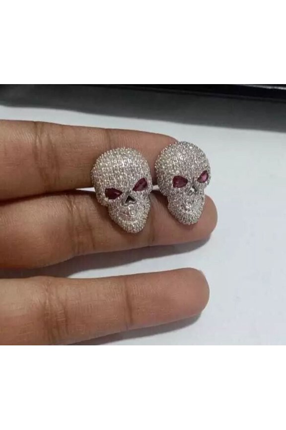 Men's Skull Face Cufflink 2Carat Round Cut Simulated Ruby 14k White Gold Plated Silver For Him