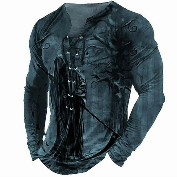 Men's Skull Graphic Print T-Shirt Retro V-Neck Long Sleeve Henley Shirts Gothic Button Down Vintage Tops Blue XXL