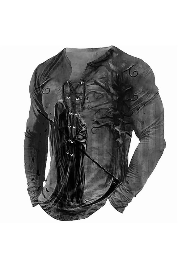 Men's Skull Graphic Print T-Shirt Retro V-Neck Long Sleeve Henley Shirts Gothic Button Down Vintage Tops Gray M