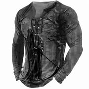 Men's Skull Graphic Print T-Shirt Retro V-Neck Long Sleeve Henley Shirts Gothic Button Down Vintage Tops Gray XL