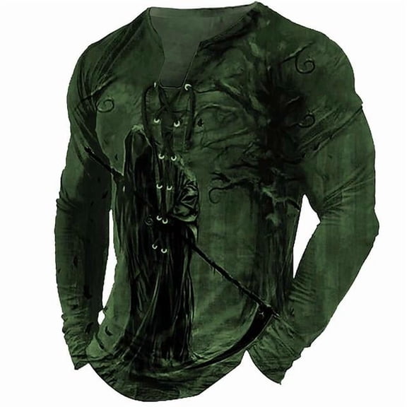 Men's Skull Graphic Print T-Shirt Retro V-Neck Long Sleeve Henley Shirts Gothic Button Down Vintage Tops Green XXL