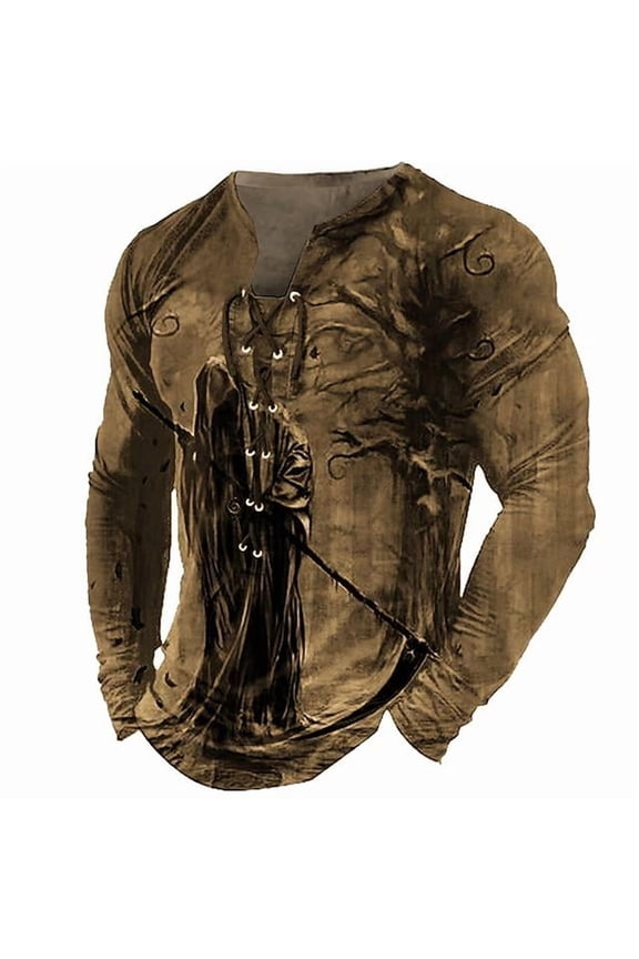 Men's Skull Graphic Print T-Shirt Retro V-Neck Long Sleeve Henley Shirts Gothic Button Down Vintage Tops Khaki 3XL