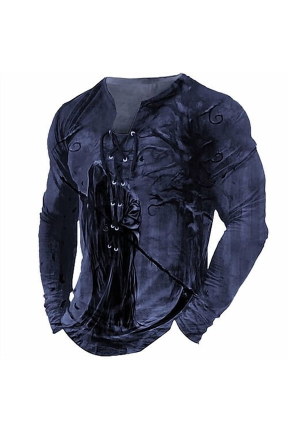 Men's Skull Graphic Print T-Shirt Retro V-Neck Long Sleeve Henley Shirts Gothic Button Down Vintage Tops Navy 3XL