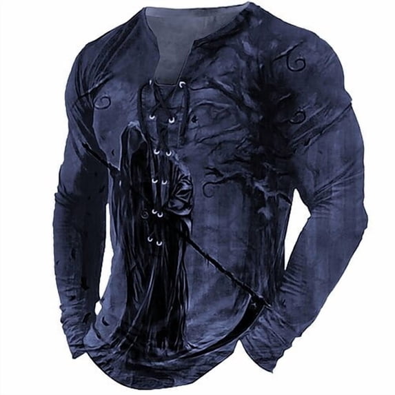 Men's Skull Graphic Print T-Shirt Retro V-Neck Long Sleeve Henley Shirts Gothic Button Down Vintage Tops Navy L