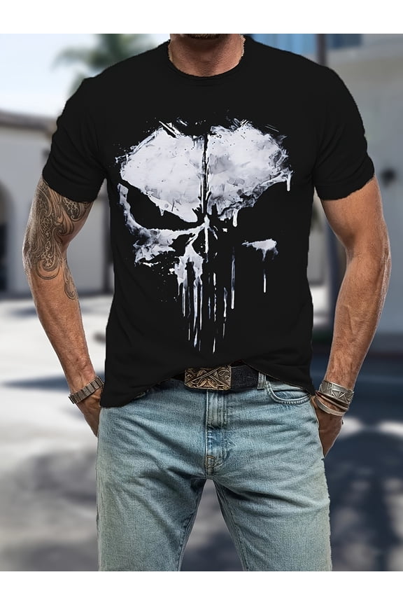 Men's Skull Graphic T-Shirt - Black Short Sleeve Crewneck with White Skull Design, Casual Summer Tee for Men Casual Attire Outdoor Clothing Crewneck Tee Lightweight Shirt