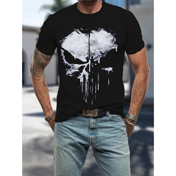 Men's Skull Graphic T-Shirt - Black Short Sleeve Crewneck with White Skull Design, Casual Summer Tee for Men Casual Attire Outdoor Clothing Crewneck Tee Lightweight Shirt