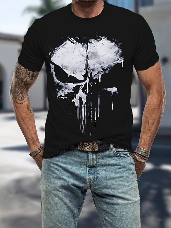 Men's Skull Graphic T-Shirt - Black Short Sleeve Crewneck with White Skull Design, Casual Summer Tee for Men Casual Attire Outdoor Clothing Crewneck Tee Lightweight Shirt