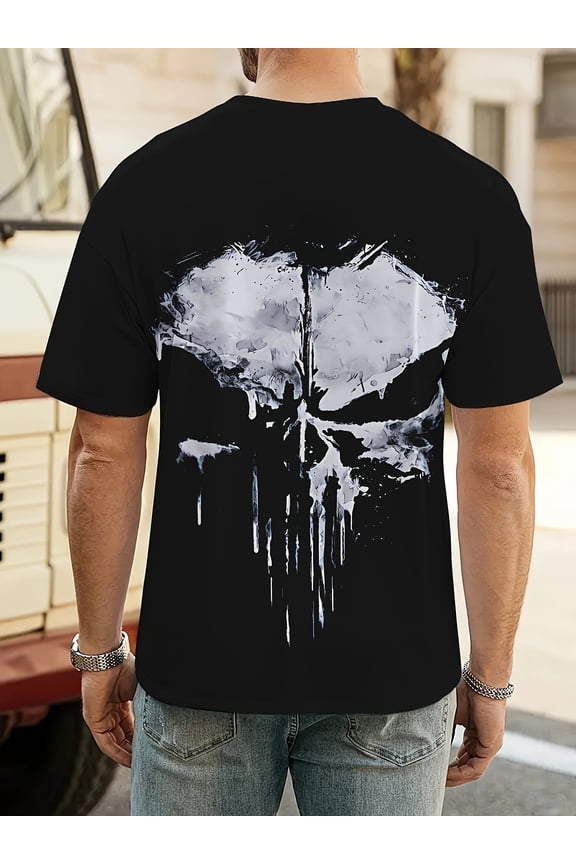 Men's Skull Graphic T-Shirt - Black Short Sleeve Crewneck with White Skull Design, Casual Summer Tee for Men Casual Attire Outdoor Clothing Crewneck Tee Lightweight Shirt