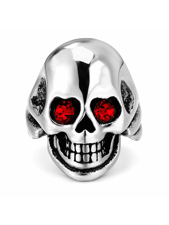 Men's Skull Ring, Gothic Biker Statement Ring with Red Eyes Design