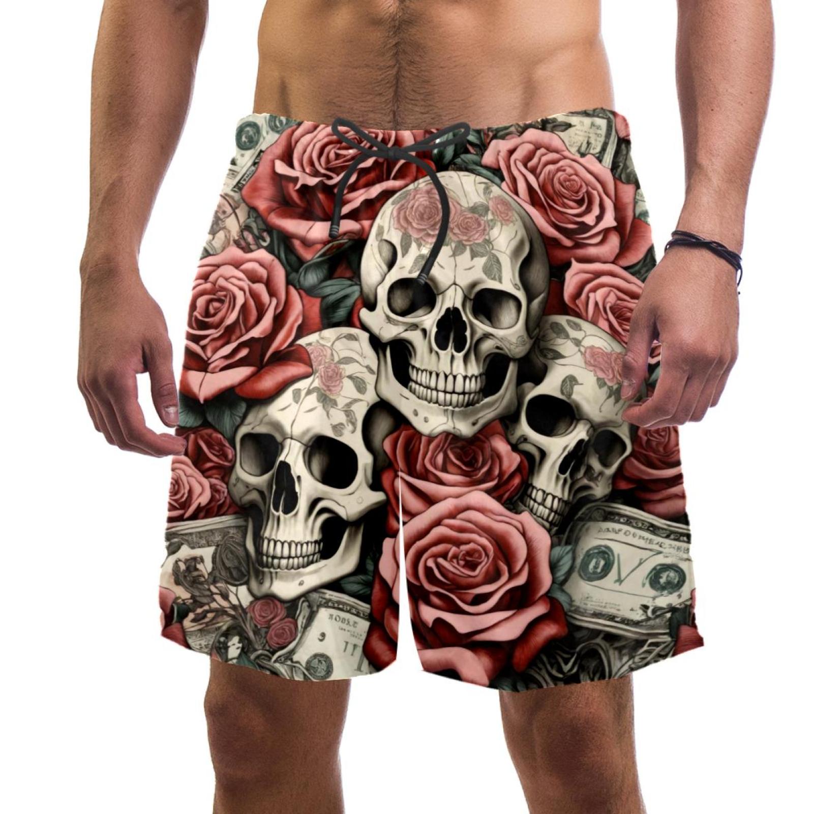 Men's Skulls Dollar Roses Swim Trunks Quick Dry Board Shorts Bathing