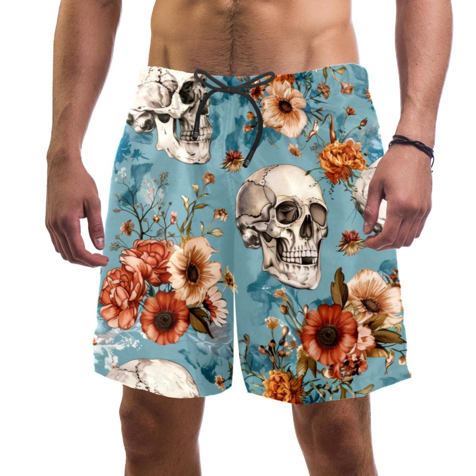 Men's Skulls Florals Vintage Swim Trunks Quick Dry Board Shorts Bathing