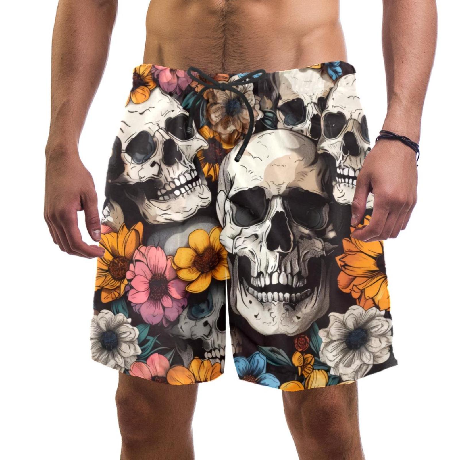 Men's Skulls Flower Swim Trunks Quick Dry Board Shorts Bathing Suits