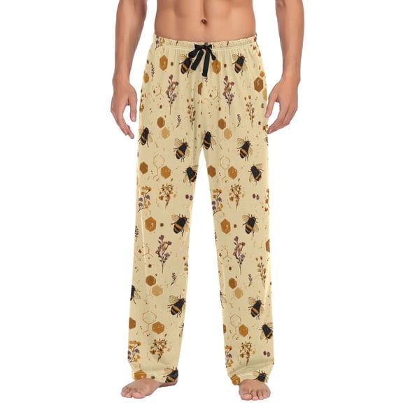 Men's Sleep Pants Lightweight Pjs Sleepwear Comfortable Lounge Pants Bottom Pants with Pocket Bees and Flowers Pattern