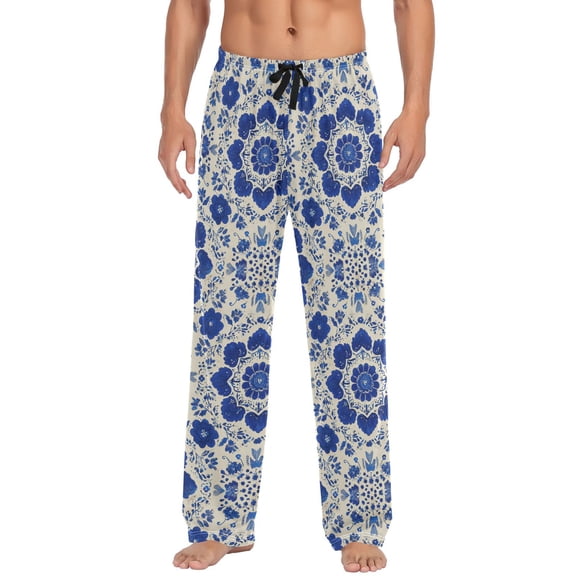 Men's Sleep Pants Lightweight Pjs Sleepwear Comfortable Lounge Pants Bottom Pants with Pocket Blue and White Batik Pattern